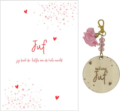Sleutelhanger en kaartje JUF | roze | hartjes | jij bent de liefste | liefste juf | topjuf | einde schooljaar | cadeau