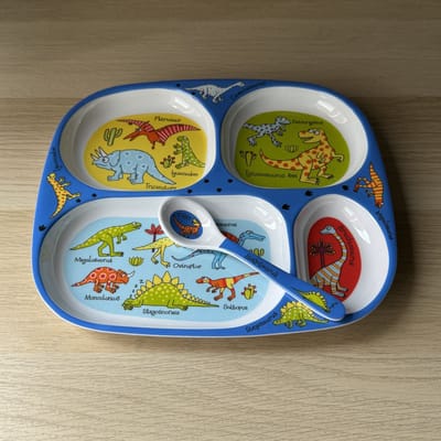 Dino Dinosaurussen kinder melamine servies (vakjesbord met lepel) - Tyrrell Katz