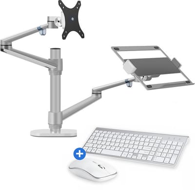 Living Needs - Monitor Arm 2 schermen - Zilver - Inclusief draadloze Muis en Toetsenbord - Verstelbaar - Ergonomische laptop standaard