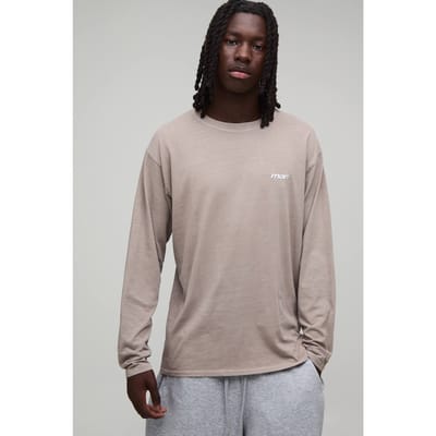 Regular Men's Sport Geborduurd Gewassen T-shirt Met Lange Mouwen | Stone | Size XL