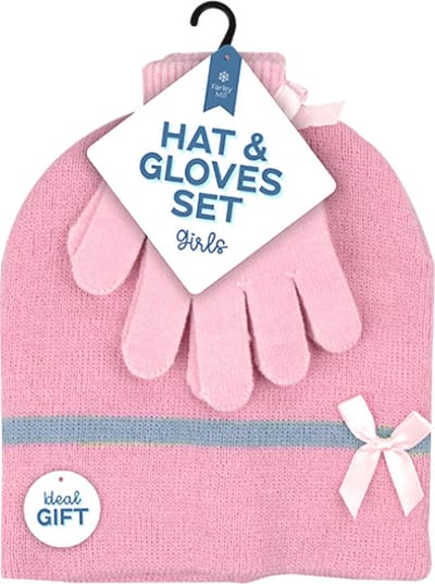 Kindersetje voor meisjes gebreid mutsje en handschoenen licht roze met groen en strikje