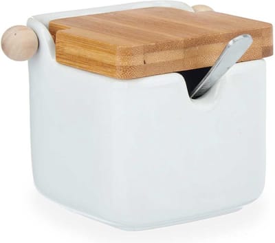 Kinvara Suikerpot met deksel - wit - 190 ml - porselein - bamboe - 7,5 x 11 x 7,5 cm