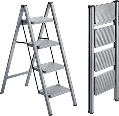Opstapladder 4 treden - Klapladder stevig - Klusklare hulp - Extra brede treden - Max 150 kg - Zilver grijs