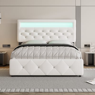 Wishdor – Gestoffeerd Tweepersoonsbed 140x200 cm – Met Uitschuifbed, 2 Lades & Nachtkastje – Verstelbaar Hoofdbord – Compleet & Flexibel – MDF – Wit