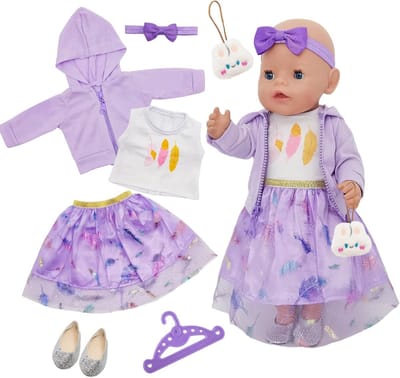 Babypop Kleding Set 35-43 cm, 7-delige Outfit met Jas, Rok, Top, Hoofdband, Charm en Schoenen voor 14-18 Inch Poppen, Perfecte Accessoires voor Speelgoedpoppen