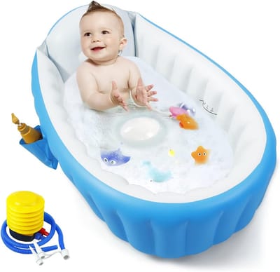 Opblaasbaar babybadje, draagbaar reisbadje voor baby's, babybadje met luchtpomp, opvouwbaar antislip-douchebakje, mini-opblaaszwembadje voor pasgeborenen (blauw)