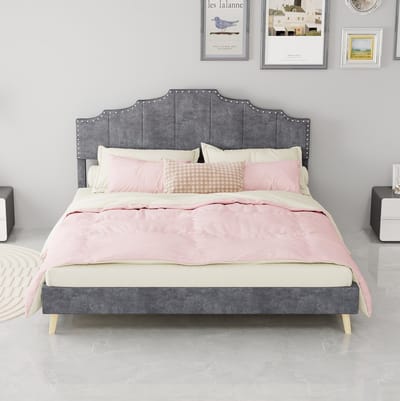 MIVRAY Gestoffeerd Bed 160x200 cm - Tweepersoonsbed Zonder Matras met Geometrisch Hoofdbord en Lattenbodem - Stabiel en Zacht - Stof - Grijs