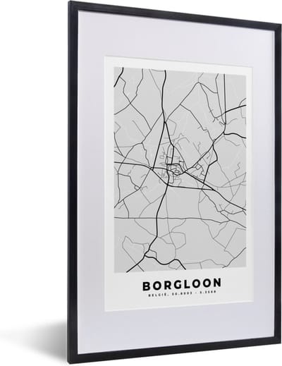 Fotolijst incl. Poster Zwart Wit- Stadskaart – Plattegrond – België – Zwart Wit – Borgloon – Kaart - 40x60 cm - Posterlijst