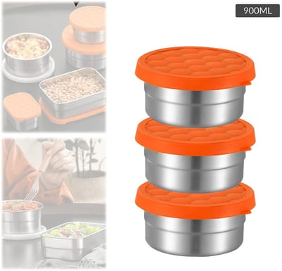 Lunchbox - Snackdoosjes - Snackdoosjes kinderen - Koekendoosjes kinderen school - Lunchbox volwassenen - 3-pack Snackbakjes van roestvrij staal - Met siliconen deksels - Ronde - Gemakkelijk te openen en lekvrij - Voor peuters en kleuters (900ml)