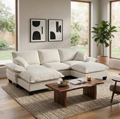 STILVORA Hoekbank 263 x 151 cm - Modulaire U-Bank Met 2 Verplaatsbare Ottomanen - Voor Woonkamer En Appartement - Chenille Beige