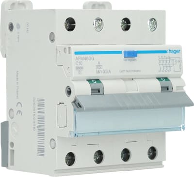 Hager aardlekautomaat 4, uitschakelaarkarakteristiek C, nom. (meet)spanning 400V HACO 4P 10A, C 300 MA,KL.A 6KA - AFM460G