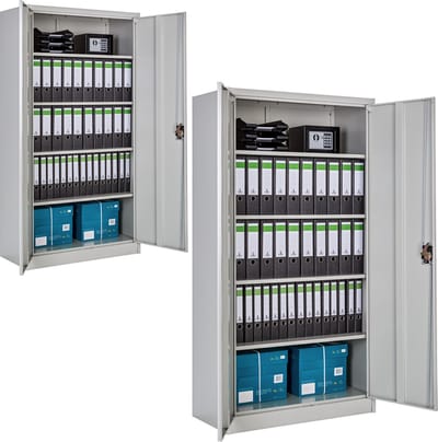 tectake® Archiefkast - Kantoorkast afsluitbaar - Multifunctionele kast van staal - Universele kast met 2 deuren - 5 in hoogte verstelbare planken - Afsluitbaar met veiligheidscilinderslot - Afmeting (LxBxH) 180 x 90 x 40 cm - Set van 2 - Lichtgrijs