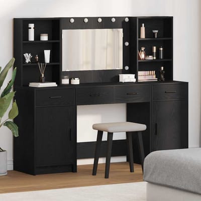 vidaXL - Dressing - tafel - set - met - LED - 3 - st - Zwart - Eiken - Bewerkt - hout