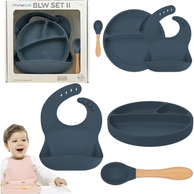 Set d'alimentation pour bébé en silicone 3 pièces 6 mois et plus Bleu MinikOiOi