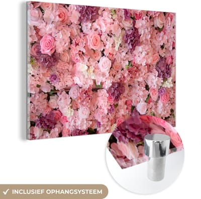 MuchoWow® Glasschilderij 60x40 cm - Schilderij acrylglas - Bloemen - Roze - Rozen - Foto op glas - Schilderijen
