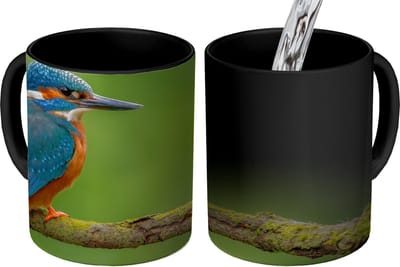Magische Mok - Foto op Warmte Mokken - Koffiemok - IJsvogel - Tak - Mos - Vogel - Groen - Magic Mok - Beker - 350 ML - Theemok