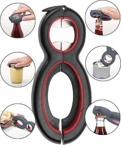 6-in-1 Multifunctionele Opener I Keuken Hulp Opener I Opent Potten, Flessen, Zakken, Doppen, Blikken etc. I Zwart/Rood