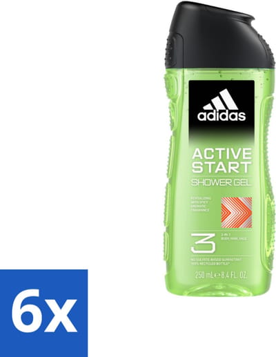 6 x Adidas Shower Gel Active Start 250 ml - Douchegel - 3-in-1 - Lichaam - Gezicht - Haar