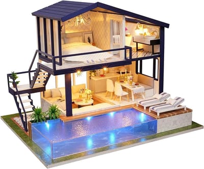 Mini Poppenhuis Kit - Houten Decoratie - Creatief Knutselen - Met LED Licht - 29 x 24 x 215 cm