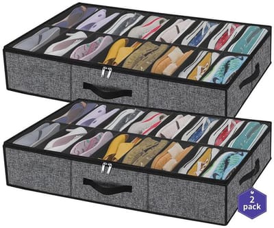 KZQ 2-pack schoenenorganizers - Opbergtas voor onder het bed - Opvouwbare schoenenorganizer - Geschikt voor 16 paar schoenen - Stevige en duurzame opbergbox voor onder het bed - Voorzien van 4 handvatten en 2 ritsen - 96 x 60 x 15 cm - Grijs