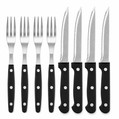 8-delige Steakbestekset – 4 Steakmessen en 4 Vorken – Gekartelde Messen – RVS Lemmet – Kunststof Handvat – BBQ Bestekset