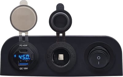 ProRide 12V USB Autolader 2 Poorten - 45W/QC3.0 - Drievoudig opbouw paneel - Sigaretten stopcontact en Schakelaar