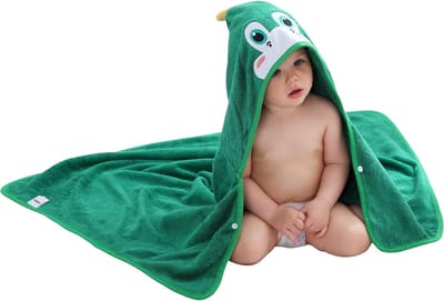 BoefieBoef Dinosaurus Baby Badcape - Eco Bamboe Katoen Kinder Handdoek - Badponcho - Peuter Badjas - Kleuter Strandlaken - 0 tot 5 jaar - Dieren 75x75 - Groen - Jongens en Meisjes - Badstof - Perfect Kerst- en Kraamcadeau - omslagdoek