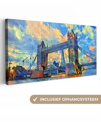 Canvas - Olieverf - Schilderij - Londen - Brug - Water - 40x20 cm - Muurdecoratie - Wonen