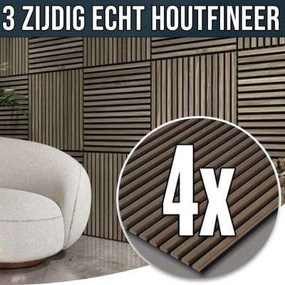 YSONIC Akoestische Wand Panelen - 4 Stuks - 60x60 - Echt Houtfineer - Luxe & Stijlvolle Geluidsabsorptie Eiken Akupaneel - 3 Zijdige Laminatie - Walnut