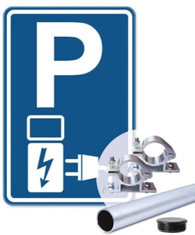Bord oplaadpunt auto's - blauw - Weerbestendig Aluminium - 40x60 cm - Bevestiging: Met paal 150 cm + paalbeugels + paaldop