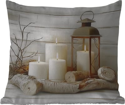 Tuinkussen - Stilleven - Wit - Kaarsen - Rustiek - Natuur - 40x40 cm - Weerbestendig