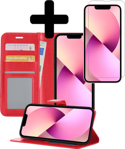 Hoesje - Met Screenprotector - Geschikt voor Apple iPhone 14 - Luxe Pasjeshouder - Bookcase Portemonee - Flip Case - Kunstleer Book Case - Flipcase - Book Cover - Walletcase - Portemonneehoes - Telefoonhoesjes - Rood