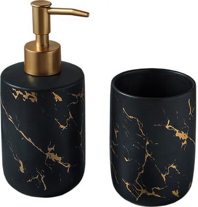 QUVIO Tandenborstelhouder + Zeepdispenser - Set van 2 - Make-upkwasten houder - Tandenborstelbeker - Zeeppompje - Keramiek - Marmerlook - Zwart met goud