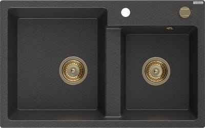 Mexen Tomas granieten spoelbak 2-kamers 800 x 500 , zwart gespikkeld, gouden sifon - 6516802000-76-G