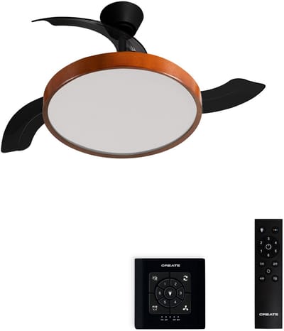 CREATE - Plafondventilator 40W stil met intrekbare bladen met licht - Ø108cm - Zwart / Donker hout - Controller voor wandmontage + afstandsbediening - WIND CLEAR STUDIO