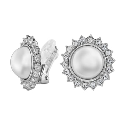 Traveller Clip Oorbellen - Oorclips Dames - Zilverkleurig - Parel - Ø 12 mm - Wit - Kristallen - Zon - Geplatineerd - Ø 20 mm - 114336