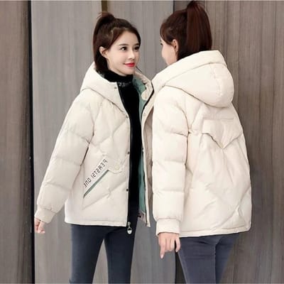 Vêtements en Coton d'Hiver Femmes Vêtements en Coton Femmes Court Coréen Ample à Capuche Épaissi Imprimé Doudoune en Coton Veste XXXL beige