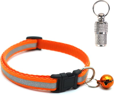 Kattenhalsband met adreskoker en belletje - Reflecterend - Verstelbaar - 19 / 32 cm - Halsband kat - Kattenbandje - Cat - Kitten - Katten halsband - Neon oranje
