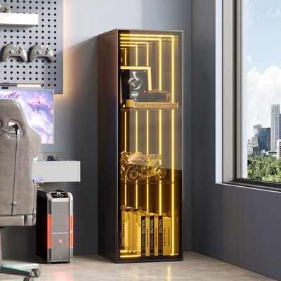 Vitrinekast - 30x30x90 cm - LED Verlichting met Verstelbare Planken en Soft-Close - Glas en Aluminium - Zwart