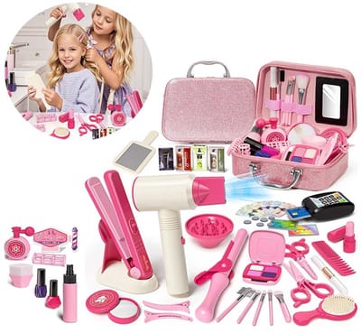 43 stuks meisjes kapspeelgoed - Schoonheidssalon speelset - Kinderen rolspel make-up set - Kapsalon stylist speelgoed - Met föhn, spiegel, schaar en stylaccessoires (Roze)