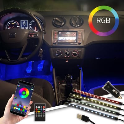 LED Strip Auto - RGB Interieurverlichting - 4 Strips - USB/12V aansluiting - Bediening via App én Afstandsbediening - Multicolor - Muzieksynchronisatie