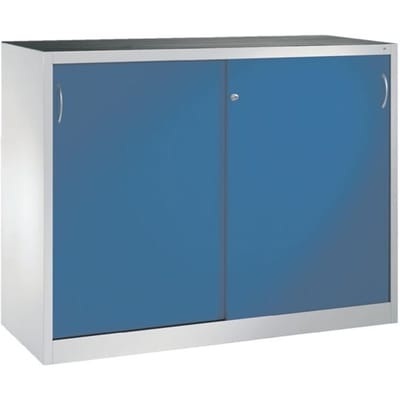 C + P gereedschapskast met schuifdeuren Acurado, B 1600 x D 600 x H 1200 mm, draagvermogen per legplank 70 kg, staal, lichtgrijs/geniaanblauw