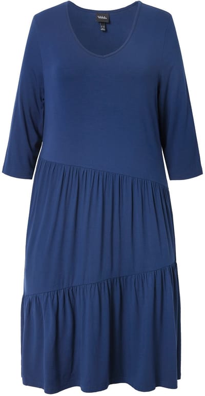 Ulla Popken - Dames - Midi-jurk volants A-lijn V-hals 3/4-mouwen - Inktblauw - Maat 50+