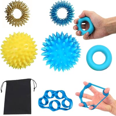 Set van 7 Vingertrainers voor Handtherapie, Gripversterking en Stressvermindering met Opbergzak, Zachte Rubberbal voor Artritis en Angstverlichting