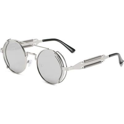 Lunettes de soleil Flip Steampunk Montures Rondes Vieil Métal Lunettes de Mode Vintage Unisexe Design Rabattable white