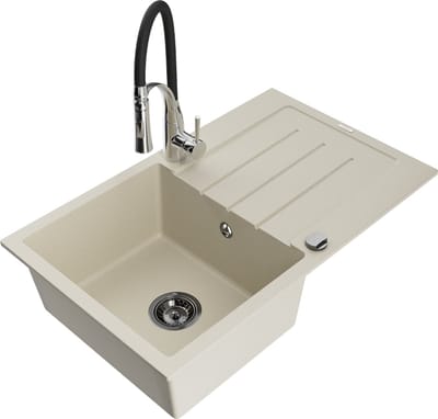 Mexen Bruno granieten spoelbak 1-komers met afdruiprek en keukenmengkraan Aster, beige - 6513-69-73450-07-B
