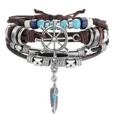 Vintage Koeienhuid Sieraden, Nieuwe Turkoois Meerlaags Leren Armband, Echte Leren Veer Armband. grijze kleur