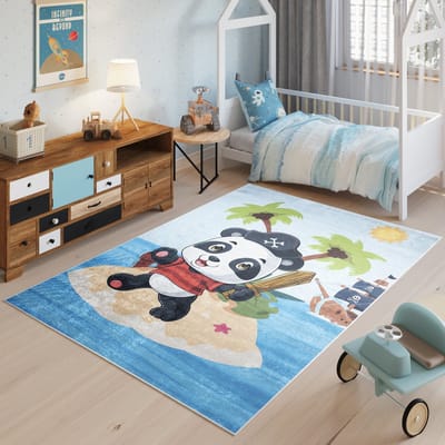 Tapiso Emma Vloerkleed Blauw Kinderkamer Panda Zee Strand Tapijt Maat- 120x170