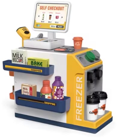 Jawes Speelgoed Kassa- Geel- 46Pcs- Rollenspel- Kinderen- Winkelen- Speelgoed- Supermarkt Speelgoed Set-Kassier- Balie- Spelen- Speelgoed kassa met scanner- Supermarkt- Speelgoed boodschappen