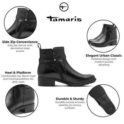 Tamaris Dames Zwarte Leren Biker Enkellaarsjes met Gesp en Rits